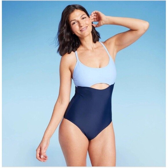 Kona Sol Women's Colorblock Blue Navy Cut Out One Piece Swimsuit NEW! - Picture 3 of 11